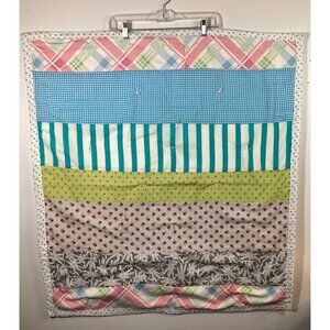 Handmade Hand Tied Baby Quilt Large Multicolored Stripes White Blue Rose Flannel